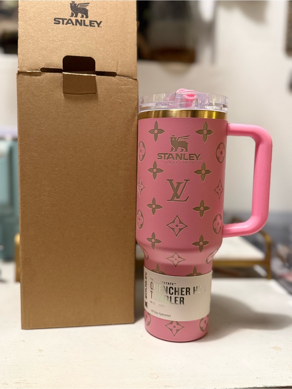 Brand new Stanley Pink Travel Tumbler with Gold Accents 40 oz